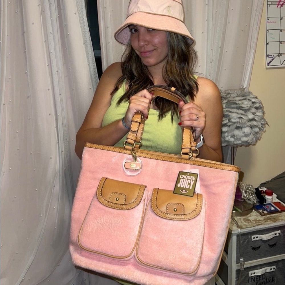 NWT XL JUICY COUTURE Pink Terry Leather Diaper Baby Bag Beach Travel Tote RARE!